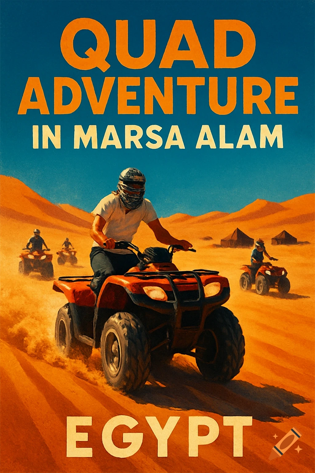 A vintage-style travel poster depicts several people riding quad bikes through a sunny, sandy desert with dunes under a blue sky. Text reads 'QUAD ADVENTURE IN MARSA ALAM EGYPT'.