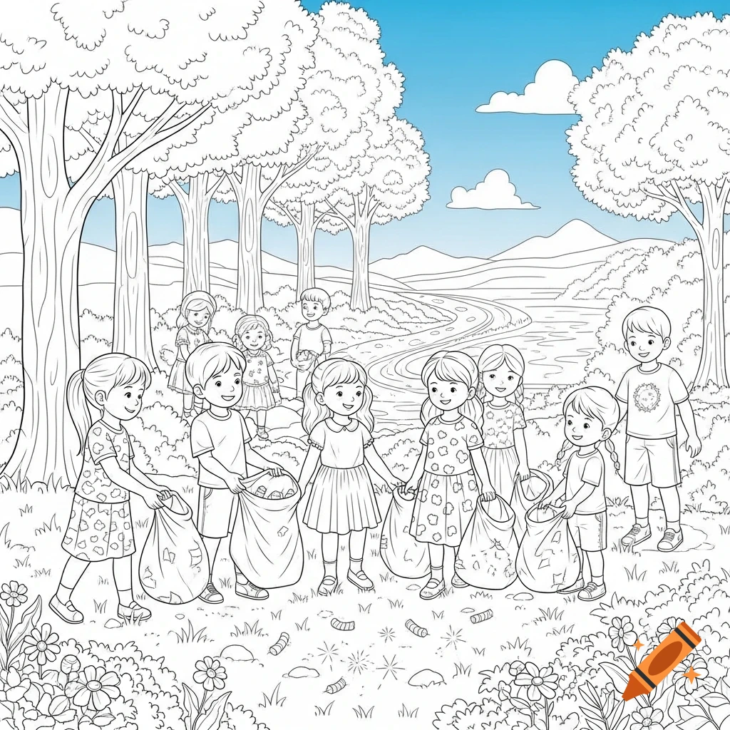 Line art coloring page of children picking up trash in a park with trees and a winding path.