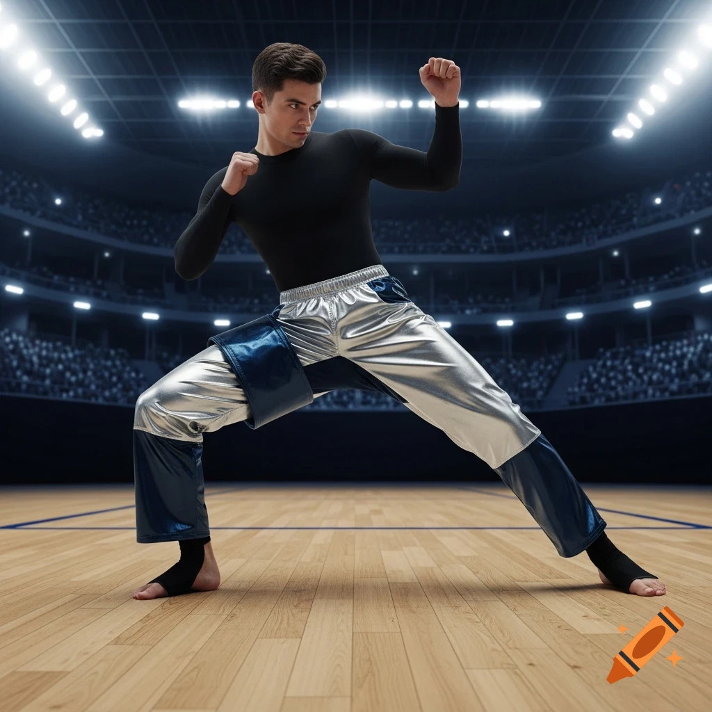 A man in black, silver, and blue metallic martial arts uniform poses dynamically on a wooden floor in a stadium.