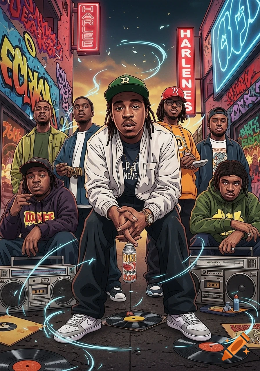 An illustrated group portrait of six young men in a vibrant street art setting with graffiti, neon signs, and boomboxes. The central figure crouches holding a soda can, surrounded by others.