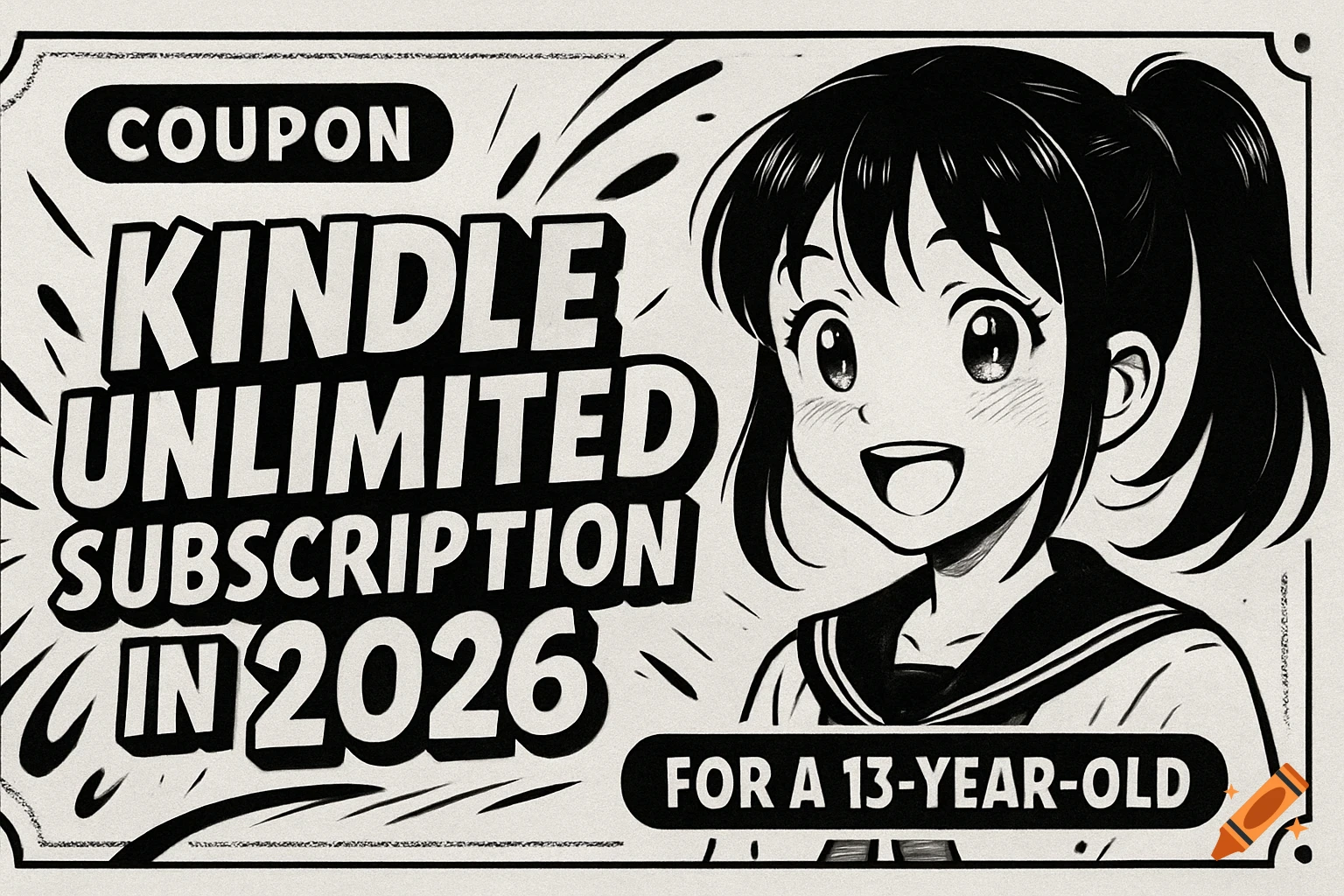 An anime-style black and white coupon featuring a smiling girl with a ponytail, promoting a Kindle Unlimited subscription in 2026 for a 13-year-old.