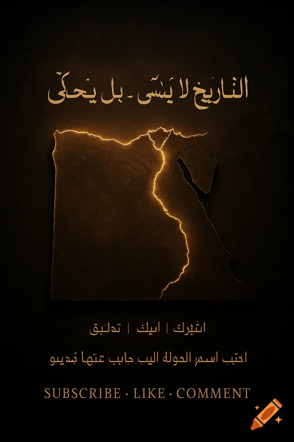 A dark, atmospheric image featuring a glowing map of Egypt with the Nile River illuminated. Arabic and English text overlays are present.