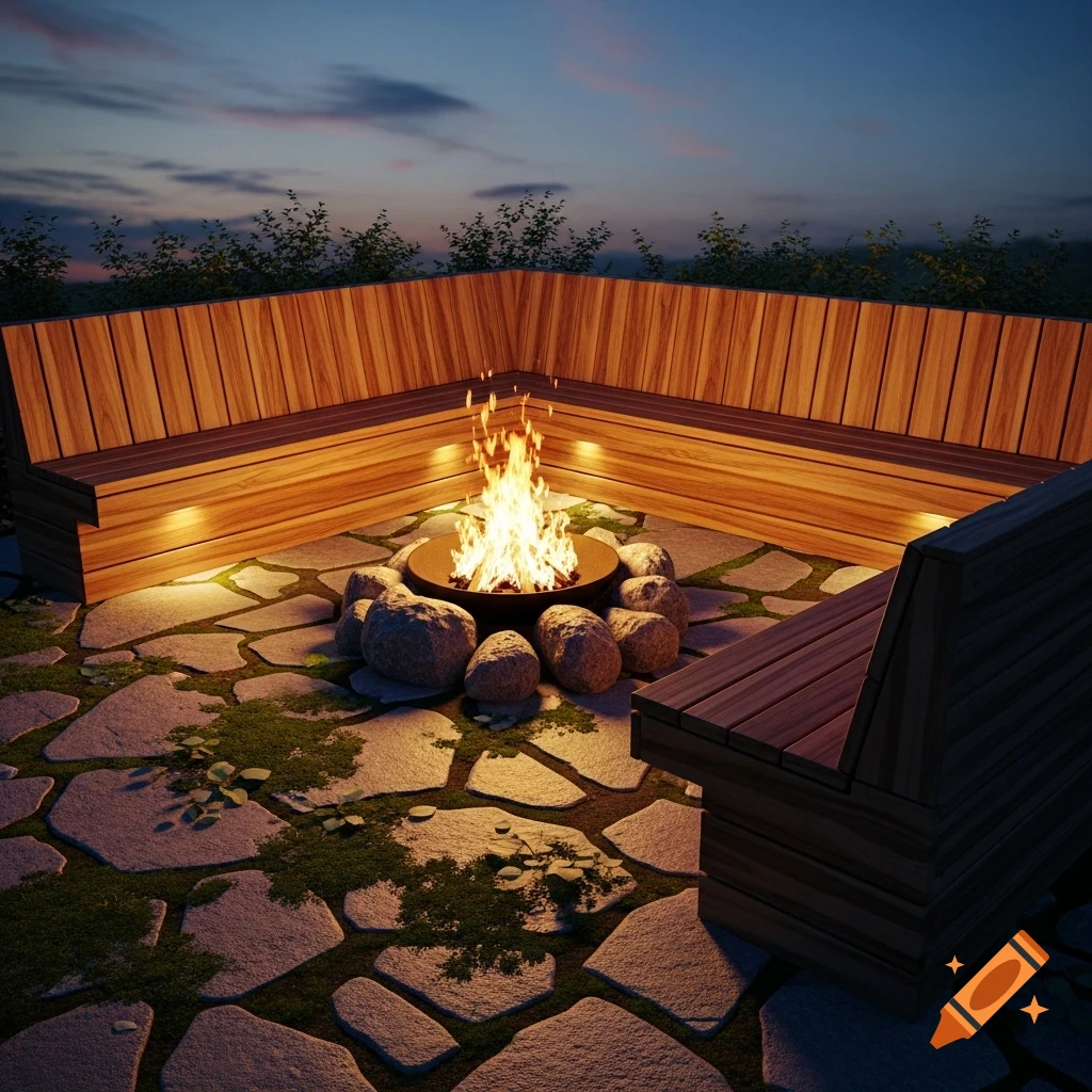 A U-shaped wooden bench surrounding a lit fire pit on a stone patio with moss at dusk.