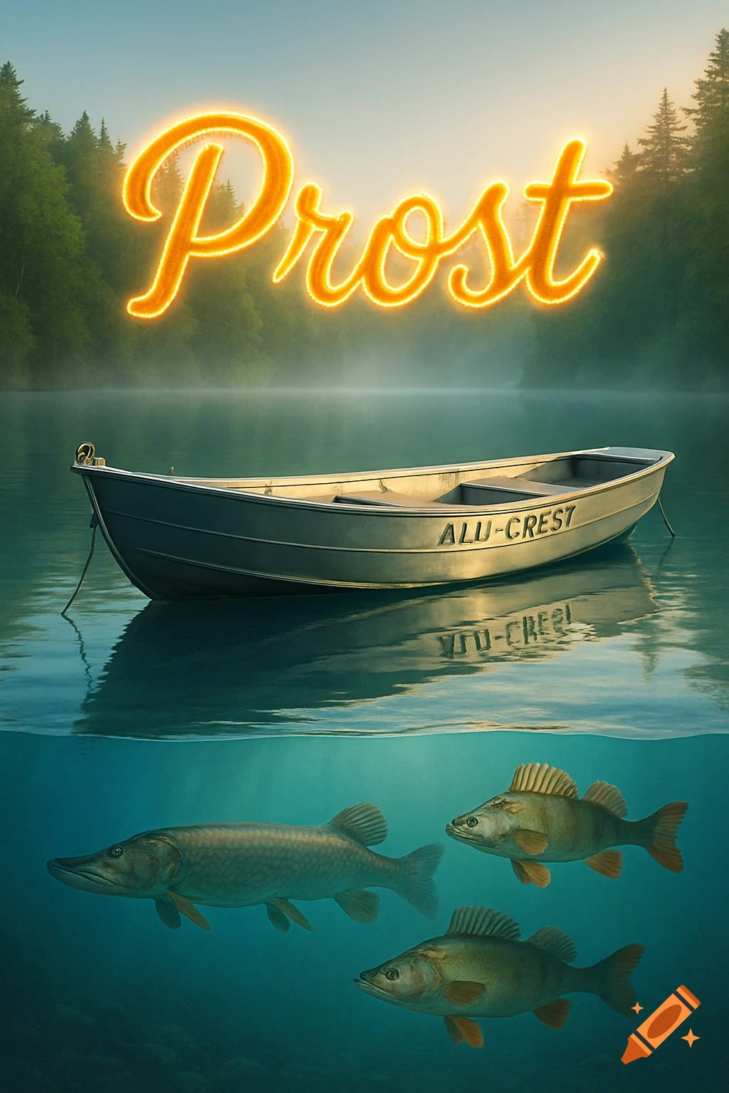 A photorealistic image of an ALU-CREST fishing boat on a misty lake with fish underwater and glowing 'Prost' text above.