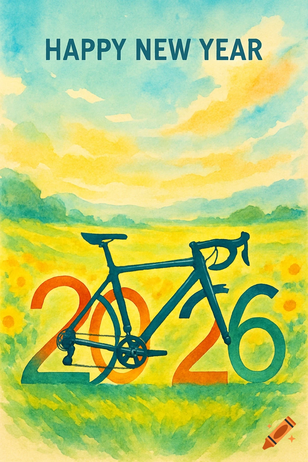 Watercolor New Year card with "HAPPY NEW YEAR" text, featuring a bicycle formed by the numbers 2026 in a field of yellow flowers under a vast sky.
