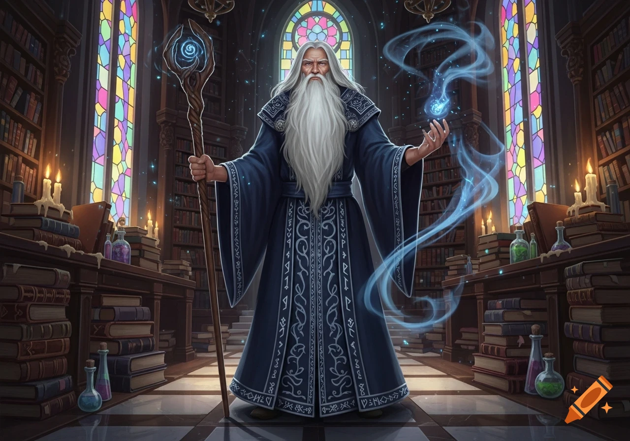 An old wizard with a long white beard and dark blue robe holds a staff and casts magic in a mystical library with stained glass windows.