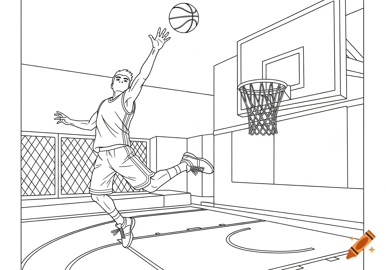 A black and white line art coloring page of a male basketball player jumping to shoot a ball into a hoop on a court.