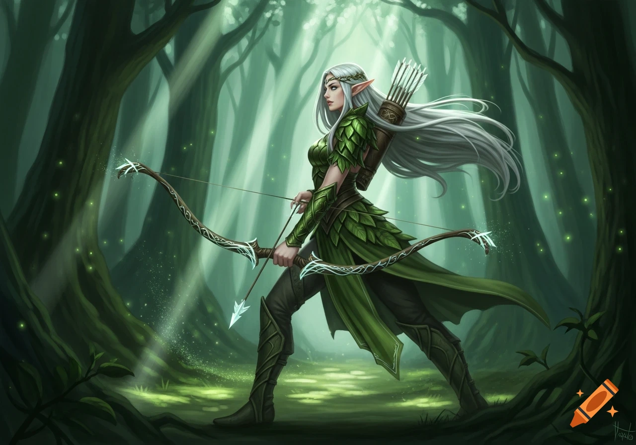A beautiful silver-haired elf archer in green armor, holding a bow with an arrow, stands in a mystical green forest.