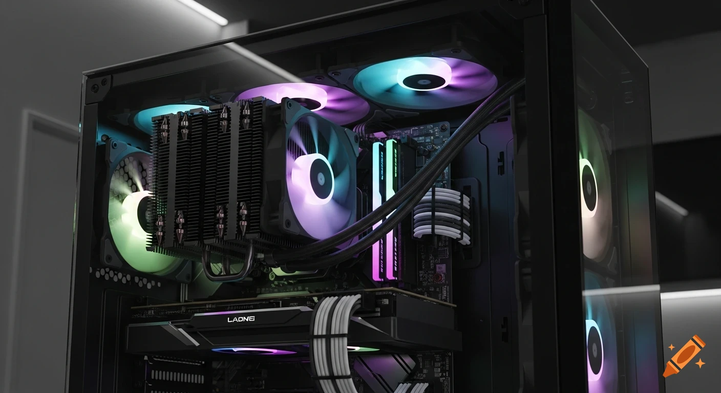 Close-up of a gaming PC interior with RGB fans and components visible through a glass side panel.