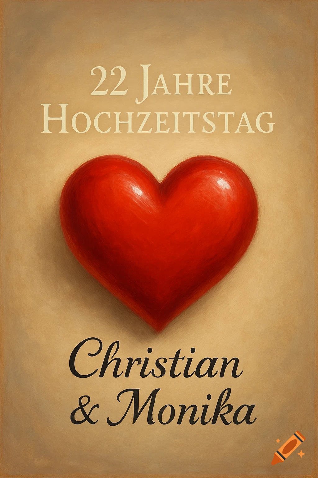A red heart on a textured beige background with the text '22 JAHRE HOCHZEITSTAG' and 'Christian & Monika'.