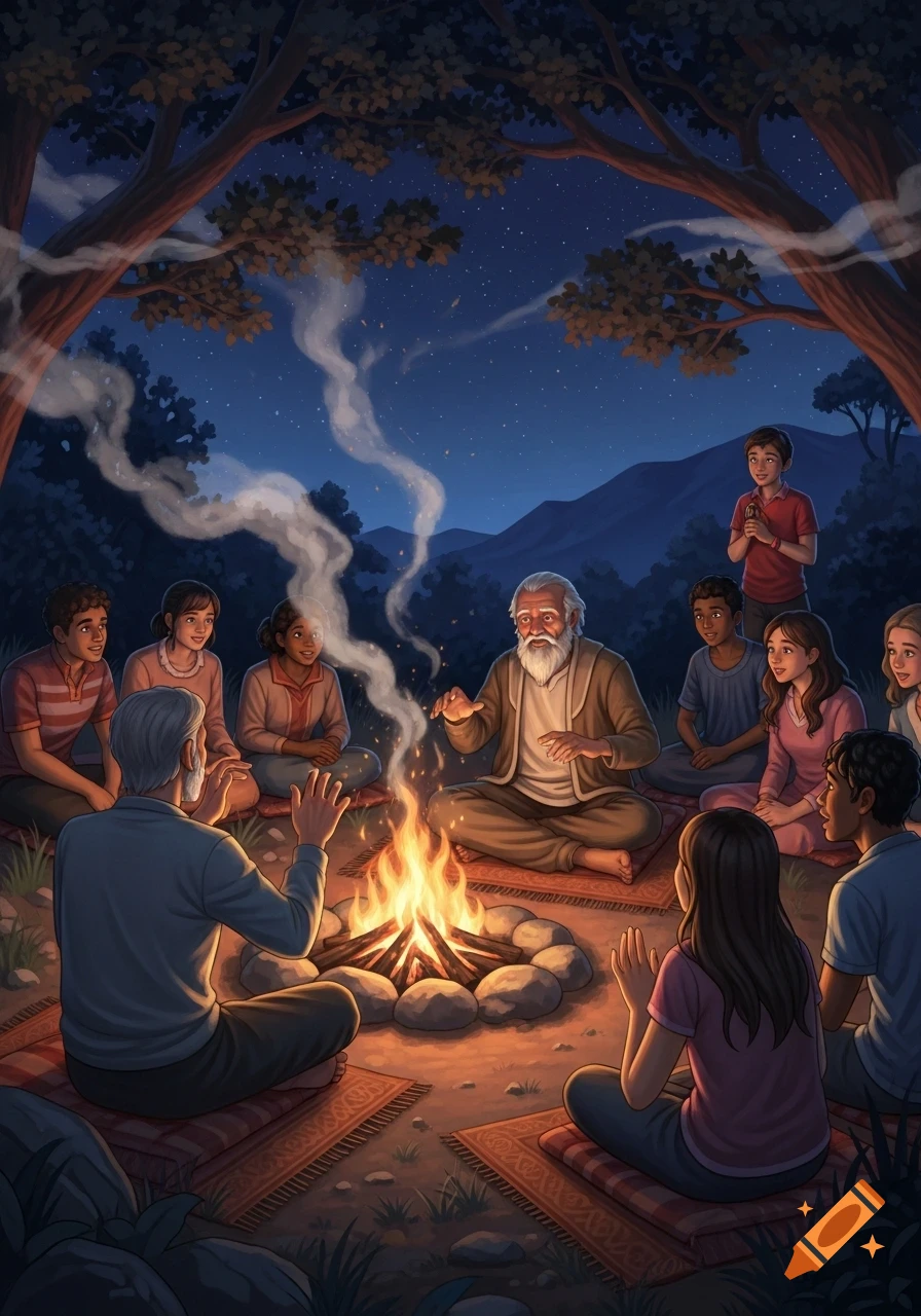 A diverse group of adults and children gather around a crackling campfire, listening intently to an elder telling stories in a forest at night.
