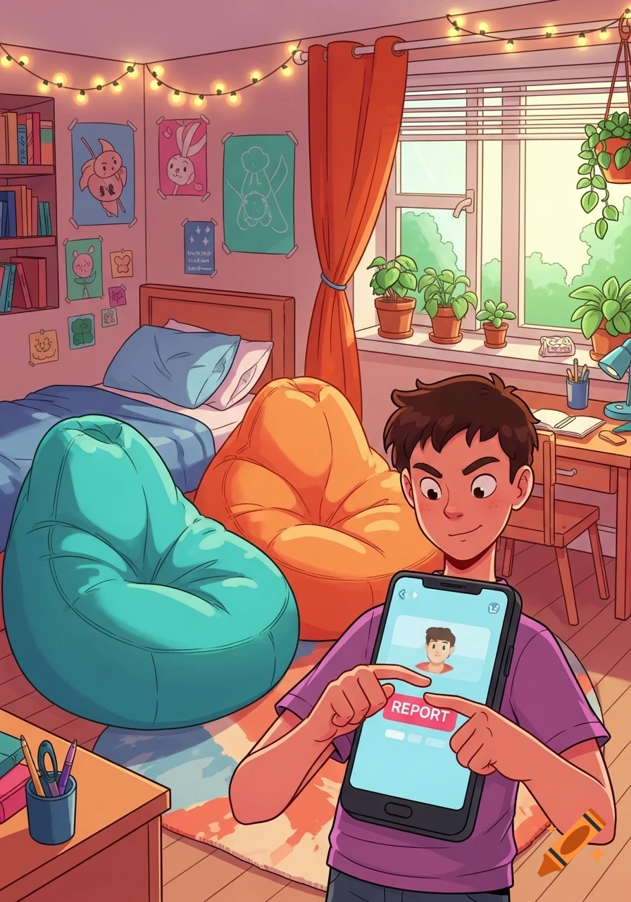 Cartoon of a teen boy in a cozy bedroom, looking at a phone screen and pressing a 'REPORT' button on a social media app profile.
