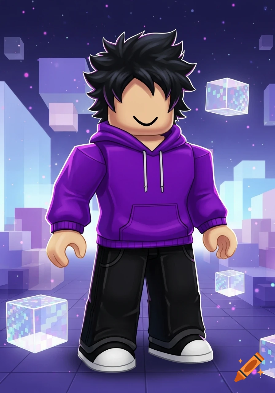 A Roblox character with black spiky hair, wearing a purple hoodie and black pants, stands smiling in a vibrant purple digital world with floating glowing cubes.