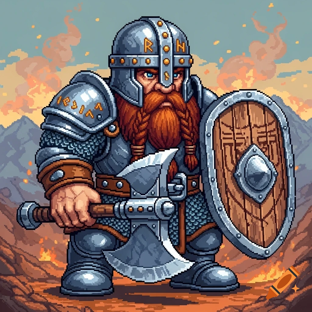 Pixel art depiction of a dwarf warrior in full armor, holding an axe and a shield, against a fiery, mountainous background.