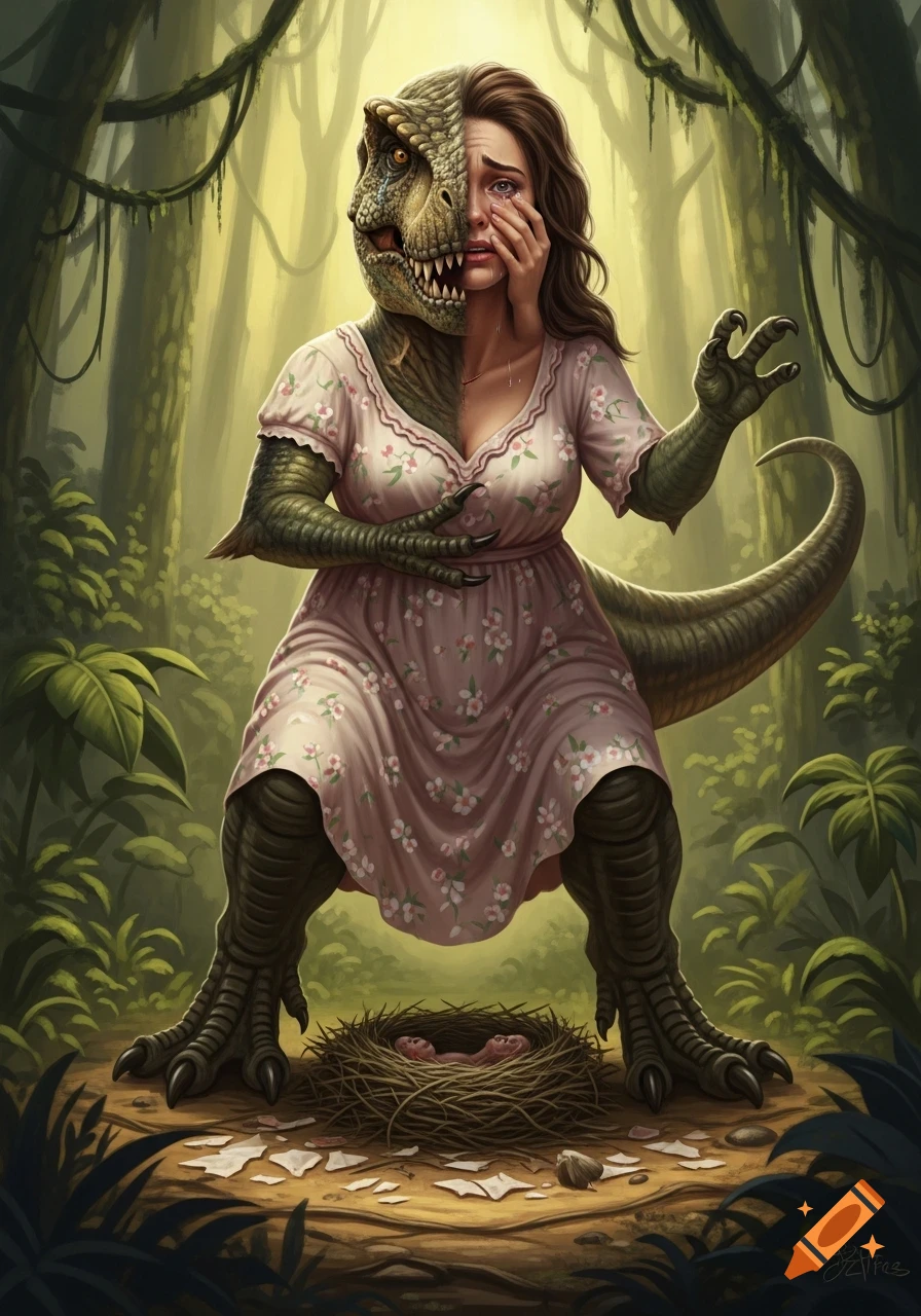 A half-woman, half-T-Rex creature in a floral dress stands crying over a nest of babies in a jungle, looking pained and fearful.