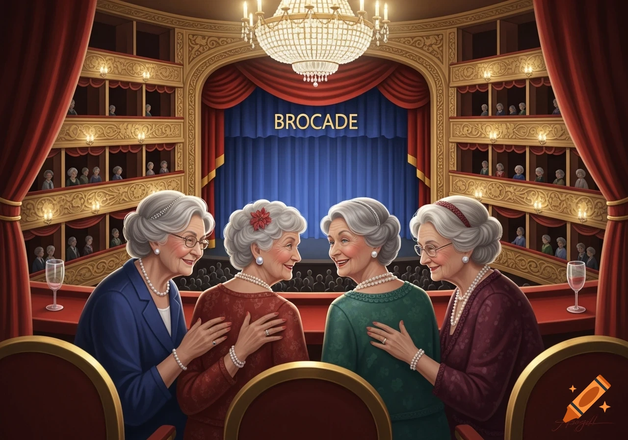 Four elderly ladies in elegant attire chatting in a richly decorated theatre box, with a stage curtain displaying 'BROCADE'.