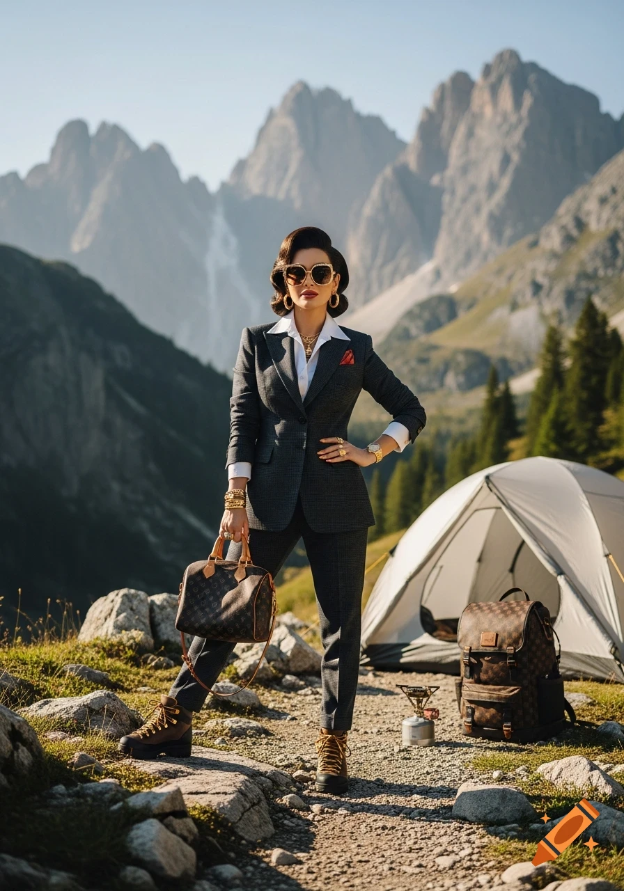 A stylish woman in a business suit and hiking boots holds a Louis Vuitton bag on a mountain trail with a tent and camp stove.