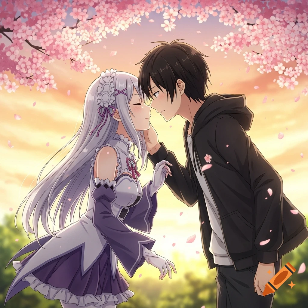 Anime couple, a man and a woman with white hair, embracing under blooming cherry blossom trees at sunset.