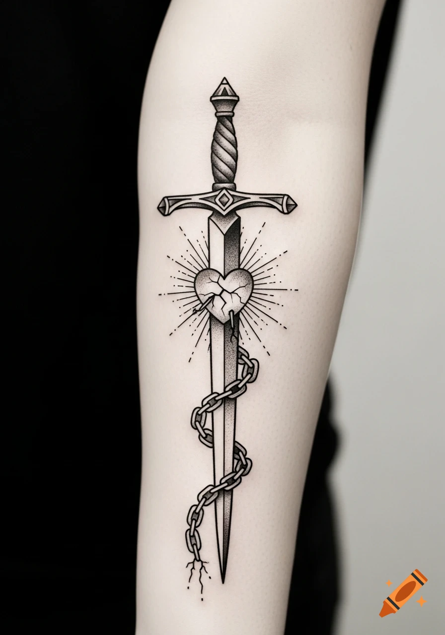 Blackwork tattoo of an elegant sword piercing a cracked heart with rays, wrapped in chains, on a forearm.