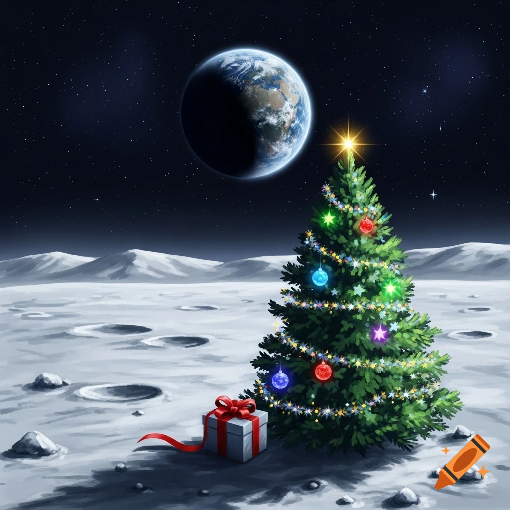 A decorated Christmas tree and a wrapped gift sit on the moon's surface with Earth and stars in the dark sky.