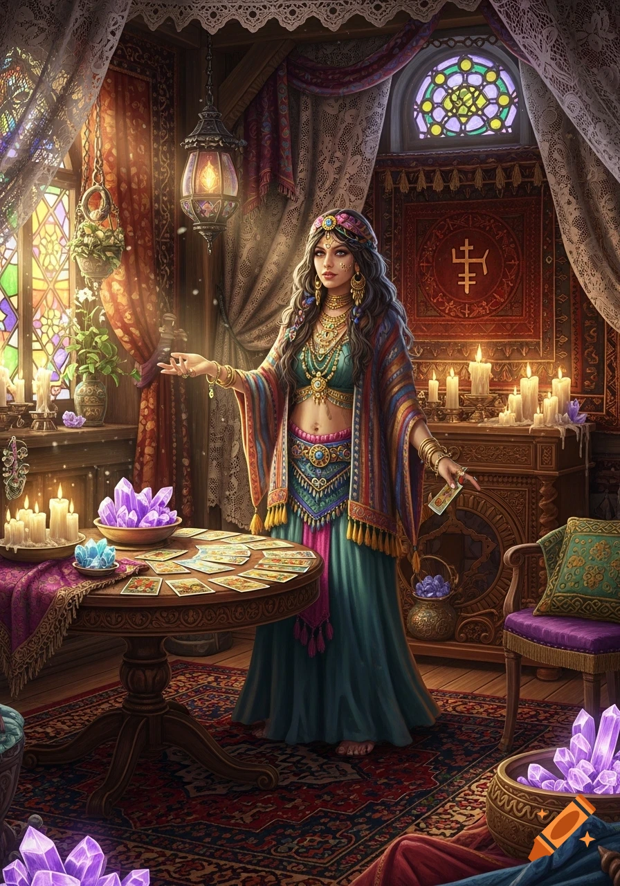 A richly detailed illustration of a fortune teller in a vibrant bohemian room with candles, crystals, and tarot cards.