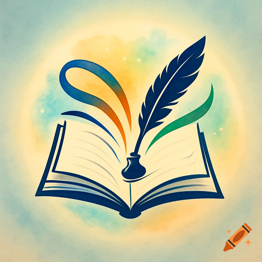 A stylized logo of an open book with a quill and inkwell, surrounded by colorful abstract swirls, in a watercolor style.