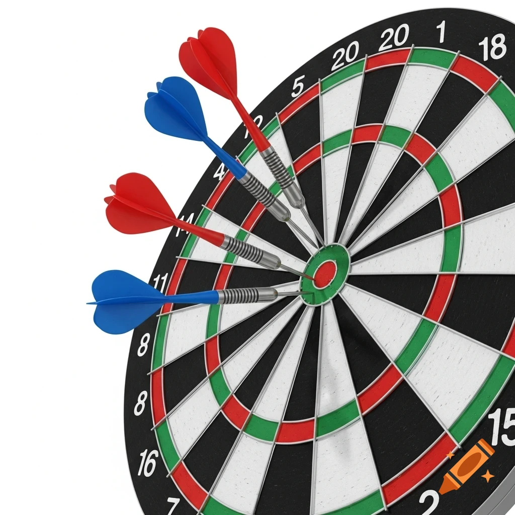 A dartboard with five darts, two red and three blue, stuck in the bullseye and surrounding rings, against a white background.