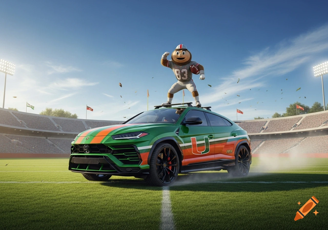 Green and orange Lamborghini Urus with a 'U' logo on a football field, Brutus Buckeye mascot stands on top holding a football.