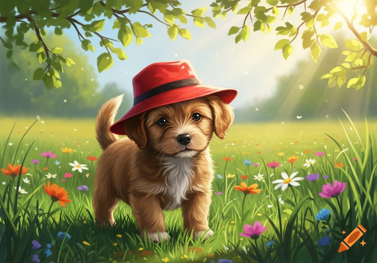 A fluffy brown puppy wearing a red hat stands in a vibrant field of colorful flowers under a sunny sky, framed by green leaves.