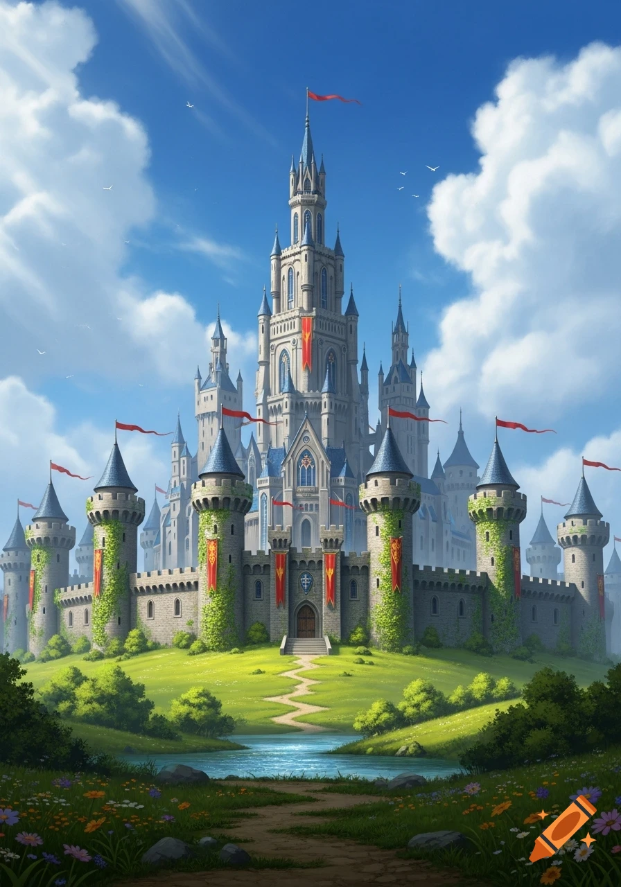 A majestic fantasy castle with many towers and red banners, surrounded by a lush green landscape and a winding river under a bright blue sky.