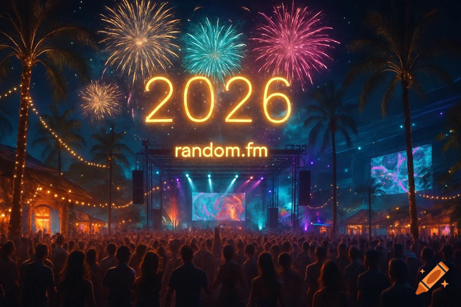 A large crowd celebrates under fireworks at a night concert with glowing '2026 random.fm' text and palm trees.