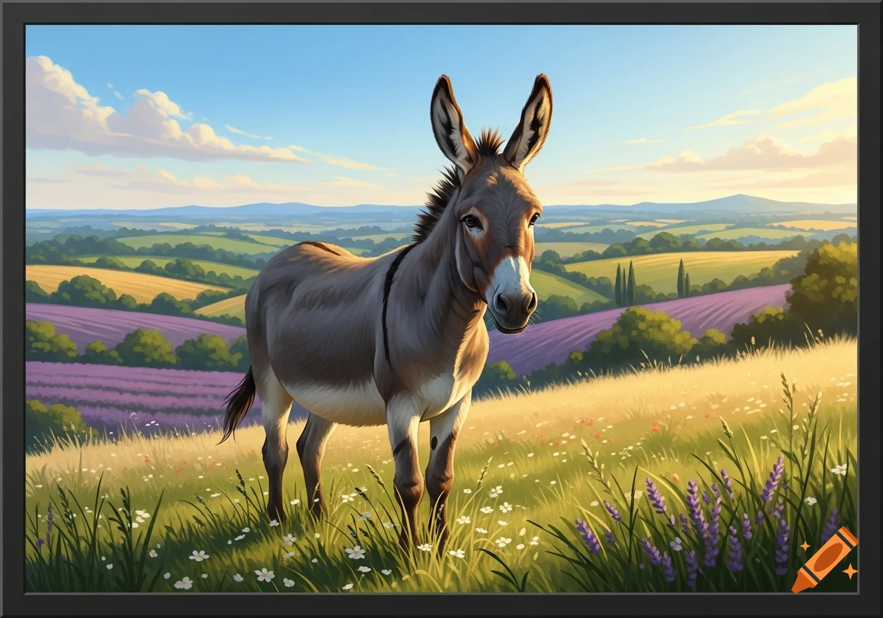 A donkey stands in a sunlit grassy field with purple lavender rows and green rolling hills under a blue sky, illustrative style.