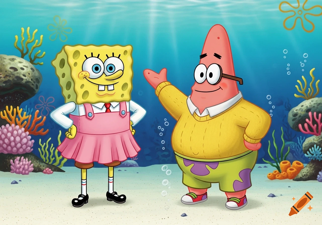 SpongeBob in a pink dress and Patrick in a yellow sweater and glasses stand underwater, surrounded by coral and rocks.