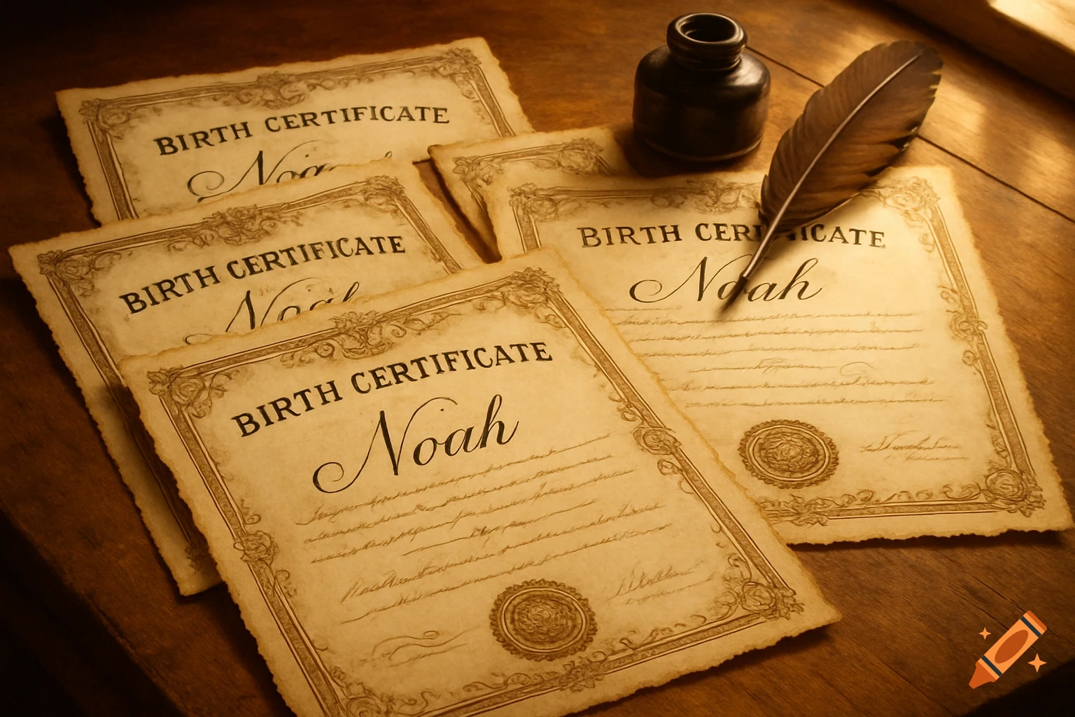 Antique birth certificates with the name Noah, an inkwell, and a feather quill on a wooden table.