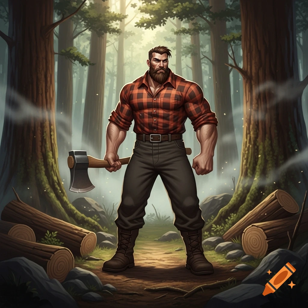 A muscular, bearded lumberjack in a red plaid shirt stands with an axe in a stylized forest with cut logs.