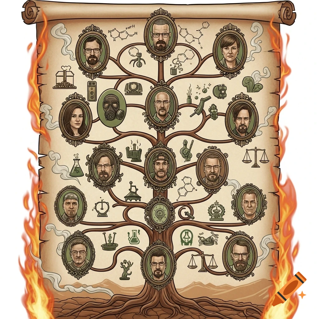 Stylized illustration of a family tree featuring Breaking Bad characters, depicted on an old scroll with flames and chemical symbols.