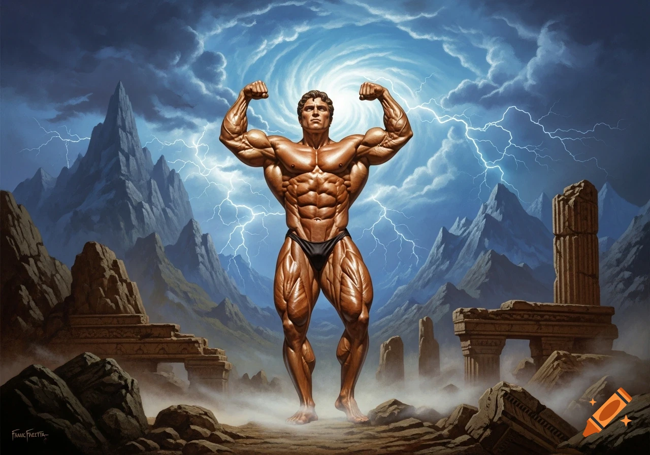 Muscular bodybuilder flexing in a stormy, mountainous fantasy landscape with lightning and ruins, in the style of Frank Frazetta.