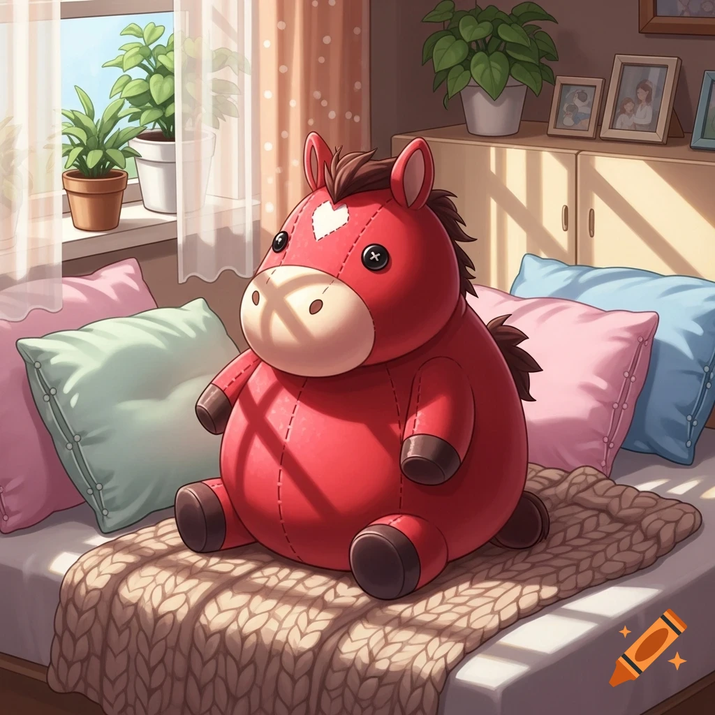 A red horse plushie with button eyes sits on a bed with pillows and a knitted blanket in a bright cartoon bedroom.