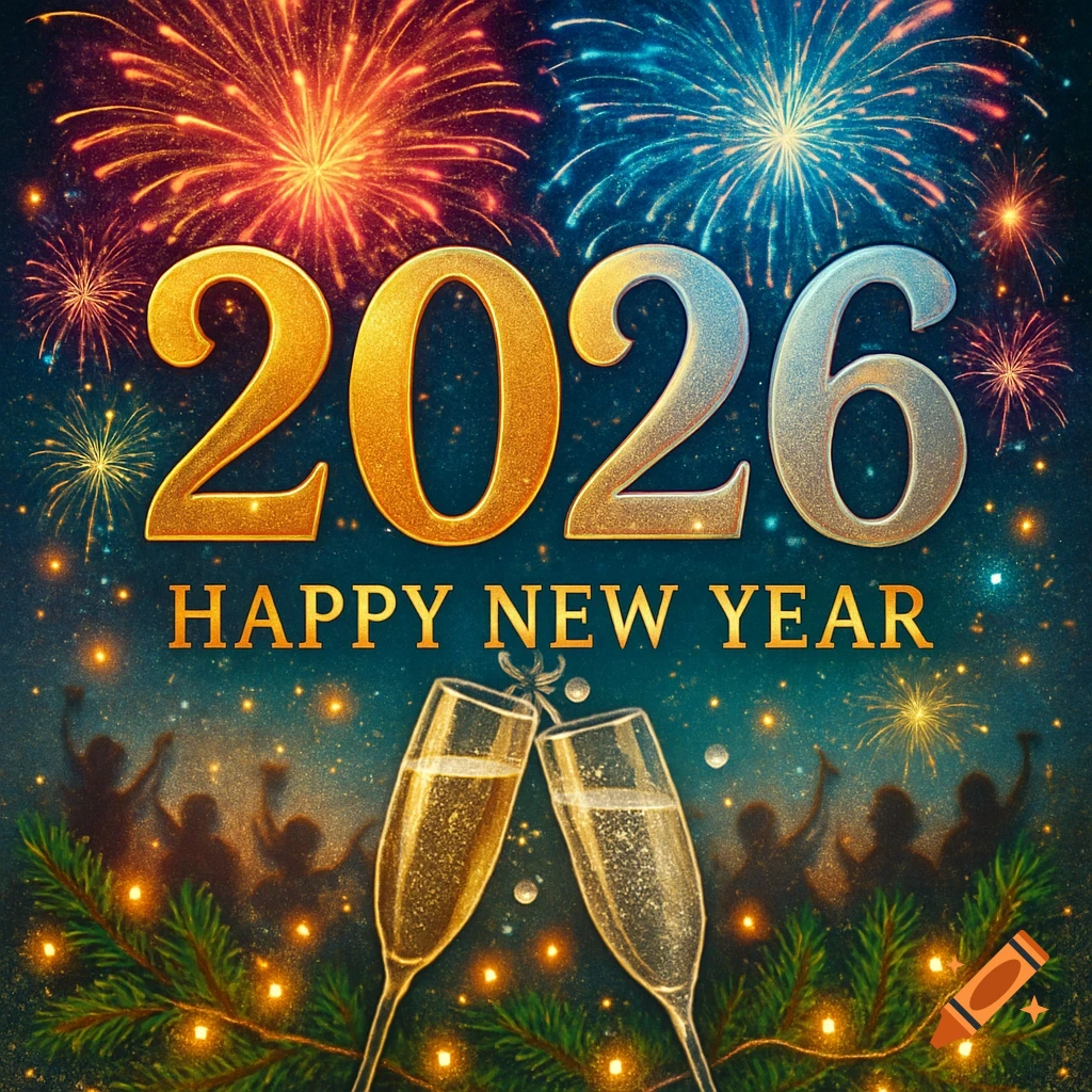 New Year's 2026 greeting card with fireworks, champagne glasses, and cheering crowd silhouettes.