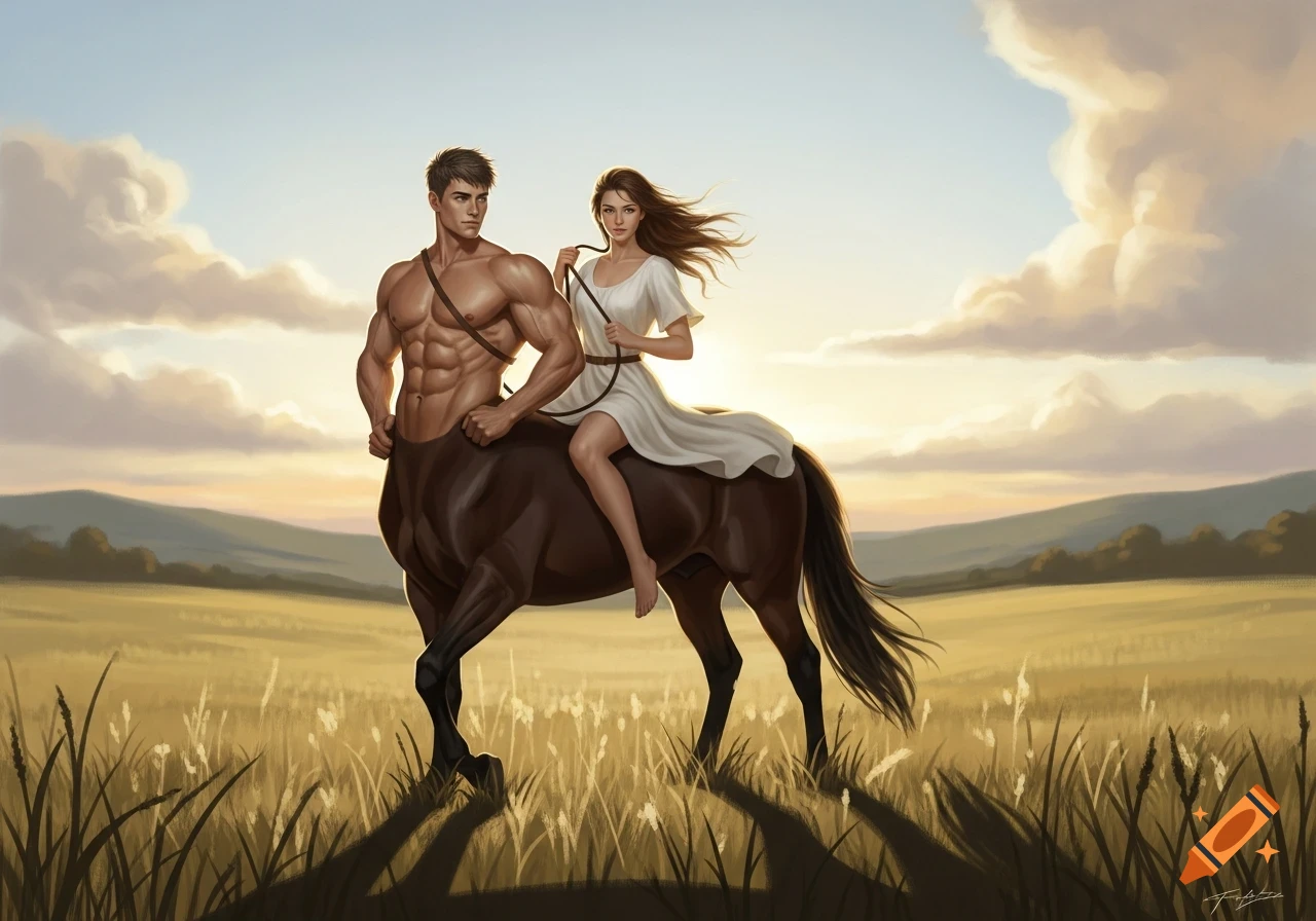 A muscular centaur man stands in a golden grassy field, a woman in a ...