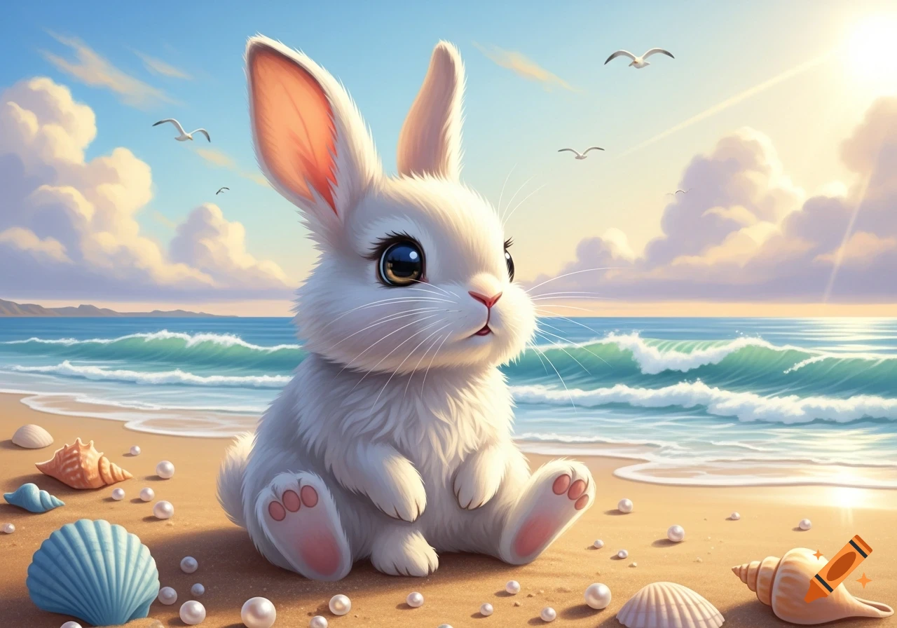 A cute fluffy white bunny with large eyes sits on a sandy beach adorned with seashells and pearls, ocean waves, and a sunny sky.