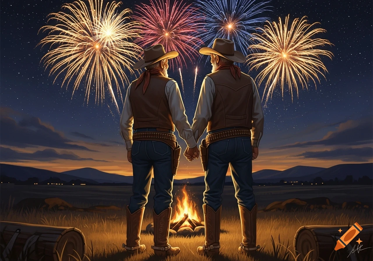 Two cowboys hold hands while watching fireworks explode over a campfire in a field at dusk.