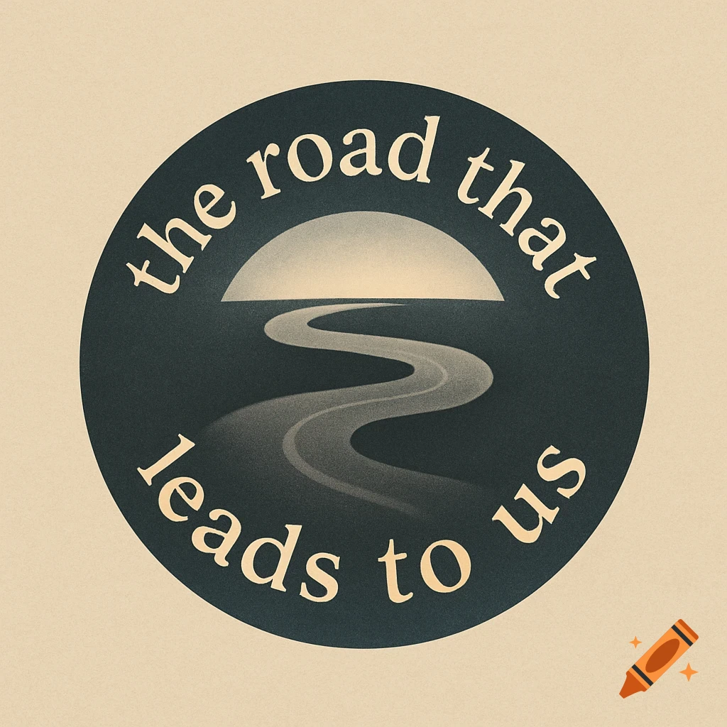 Circular logo featuring a winding road leading to a sunrise or sunset, with the text 'the road that leads to us' in warm yellow.