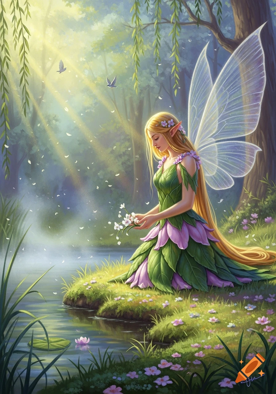 A blonde fairy with clear wings kneels by a sun-dappled forest stream, holding small white flowers in a detailed illustration.