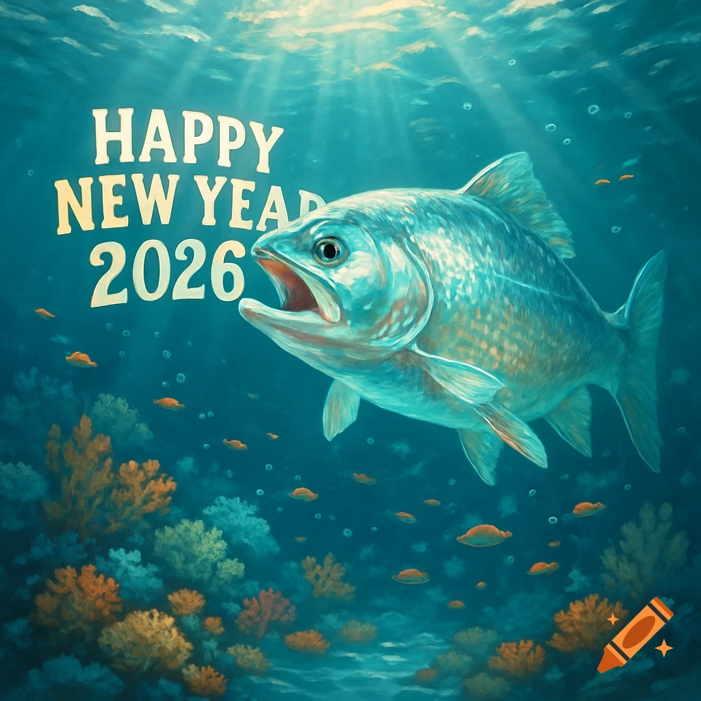 A large trout swims underwater with coral, smaller fish, and light rays, alongside the text 'HAPPY NEW YEAR 2026'.