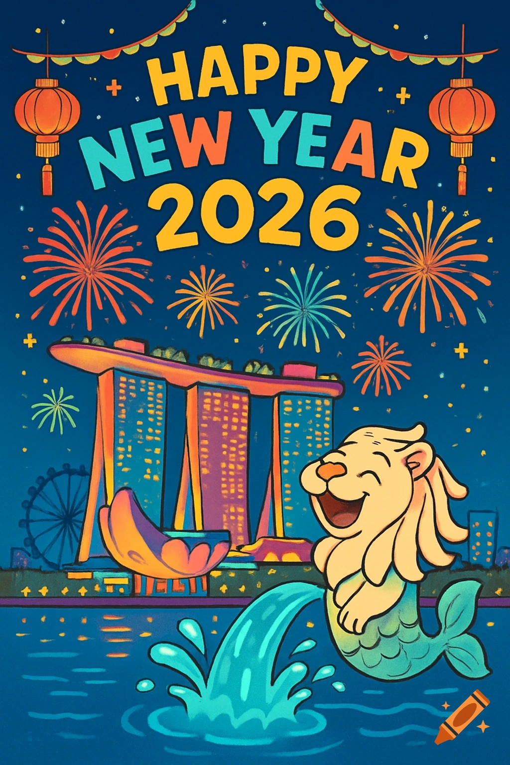 A cheerful cartoon New Year 2026 greeting card featuring a happy Merlion splashing in water, Marina Bay Sands, fireworks, and lanterns.