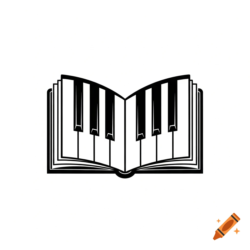 Black and white pictogram of an open book with its pages designed as piano keys.