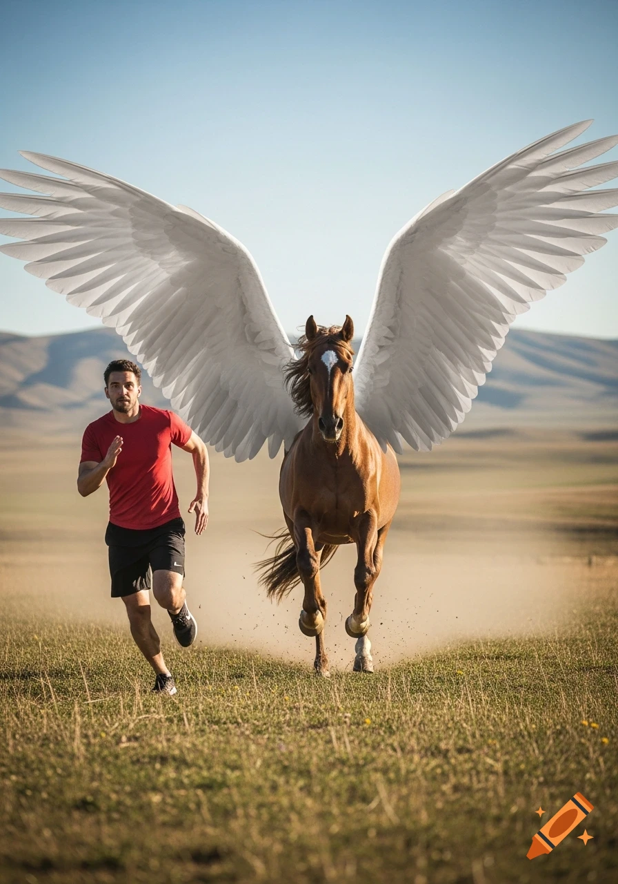 A man in a red shirt and black shorts runs alongside a brown Pegasus in a grassy field with mountains under a clear sky.