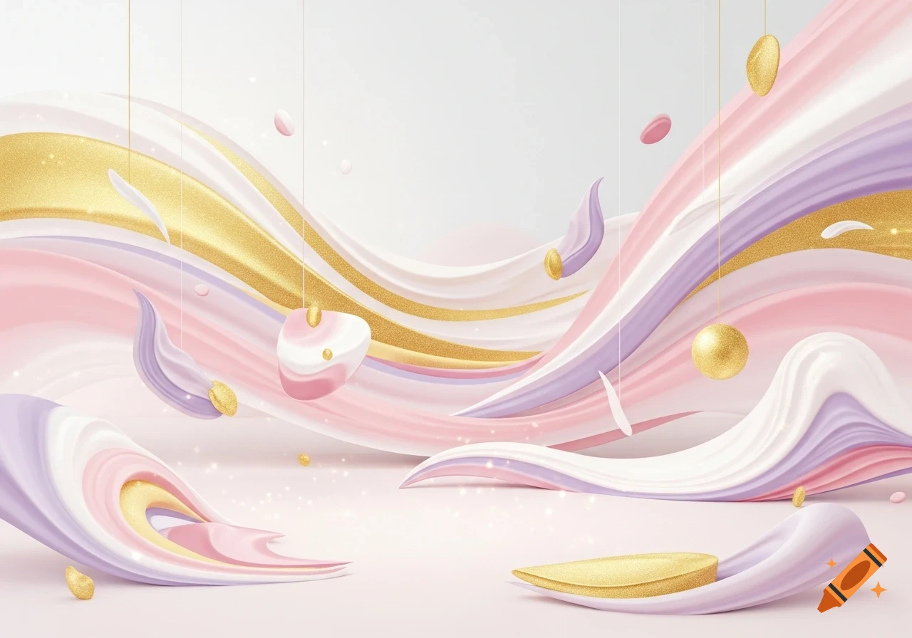 Elegant abstract art with flowing pink, white, lilac, and gold ribbons and shimmering elements.