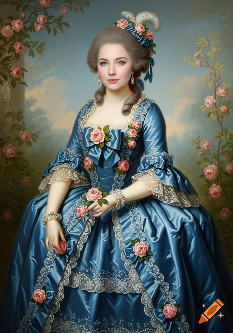 18th-century oil painting portrait of a woman in a blue satin gown with lace and roses, in a soft garden setting.